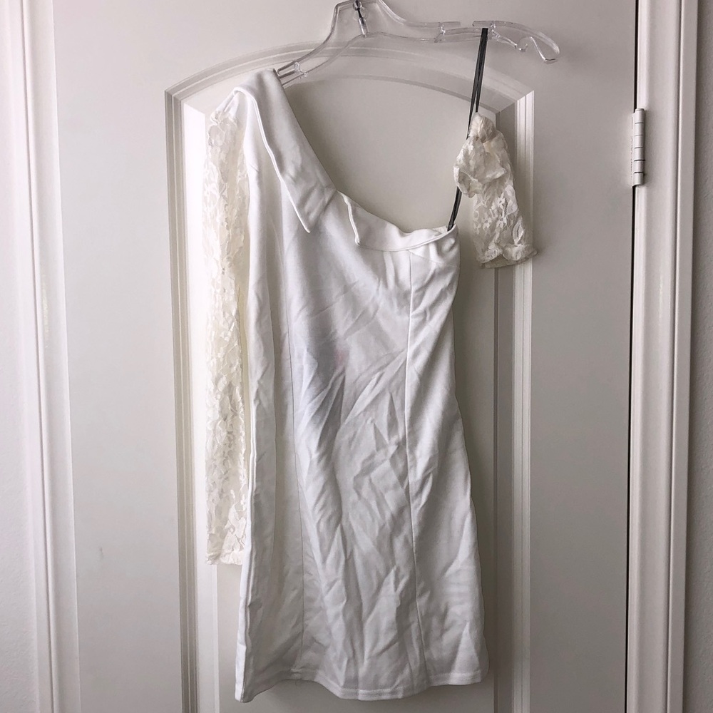White One-Shoulder Lace Sleeve Mini Dress